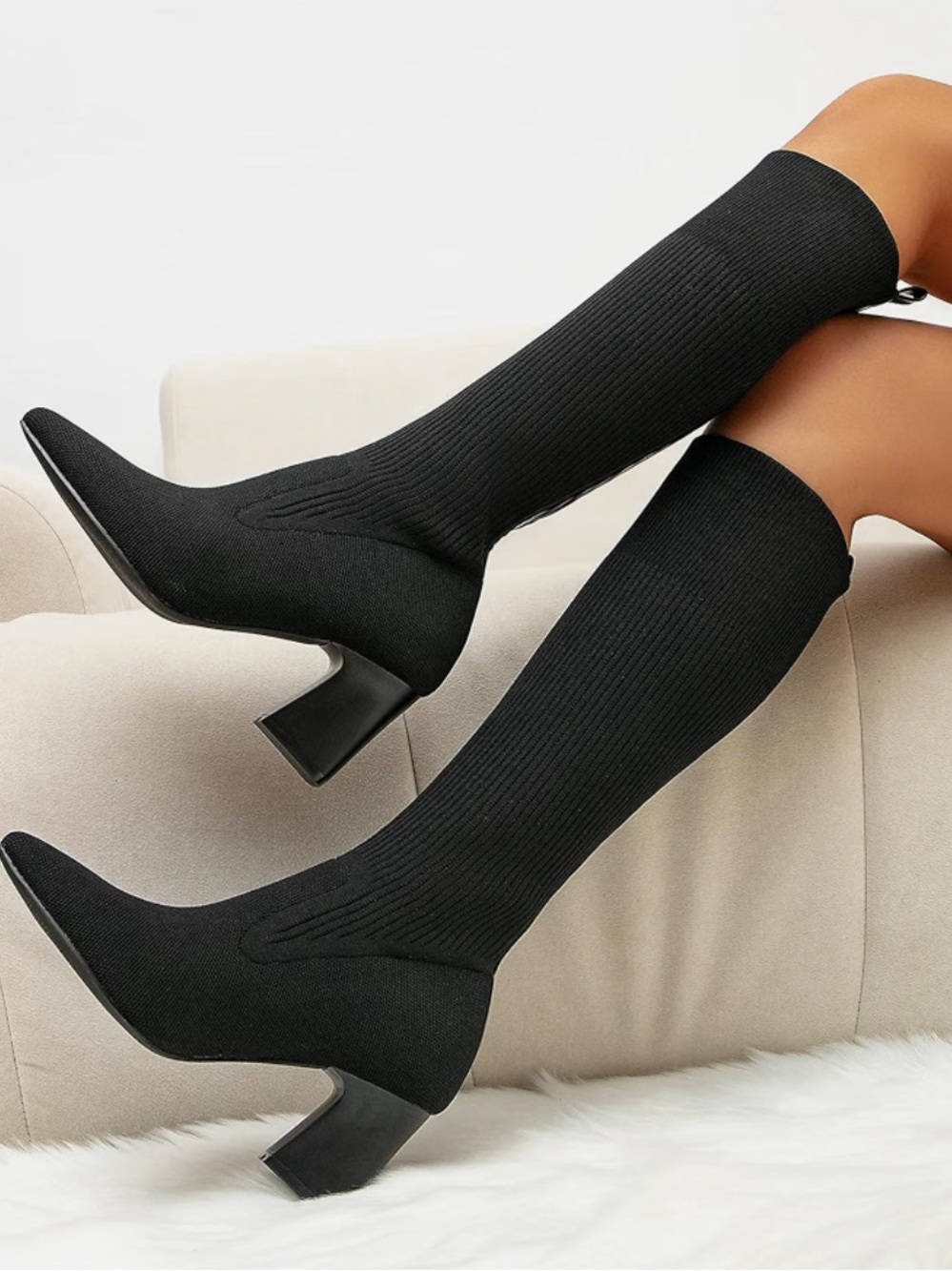 Over-the-Knee Stretch Knit Boots - Black